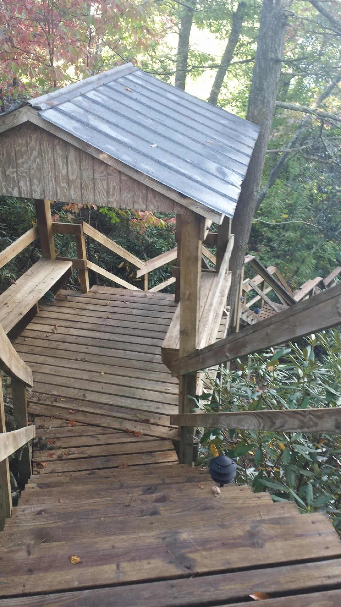 Metal roofed shelter over wooden steps on a wooded walkway — Skylight Repair & Installation work by our crew in Delanson